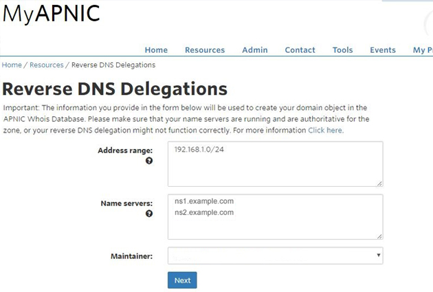 Reverse DNS delegation